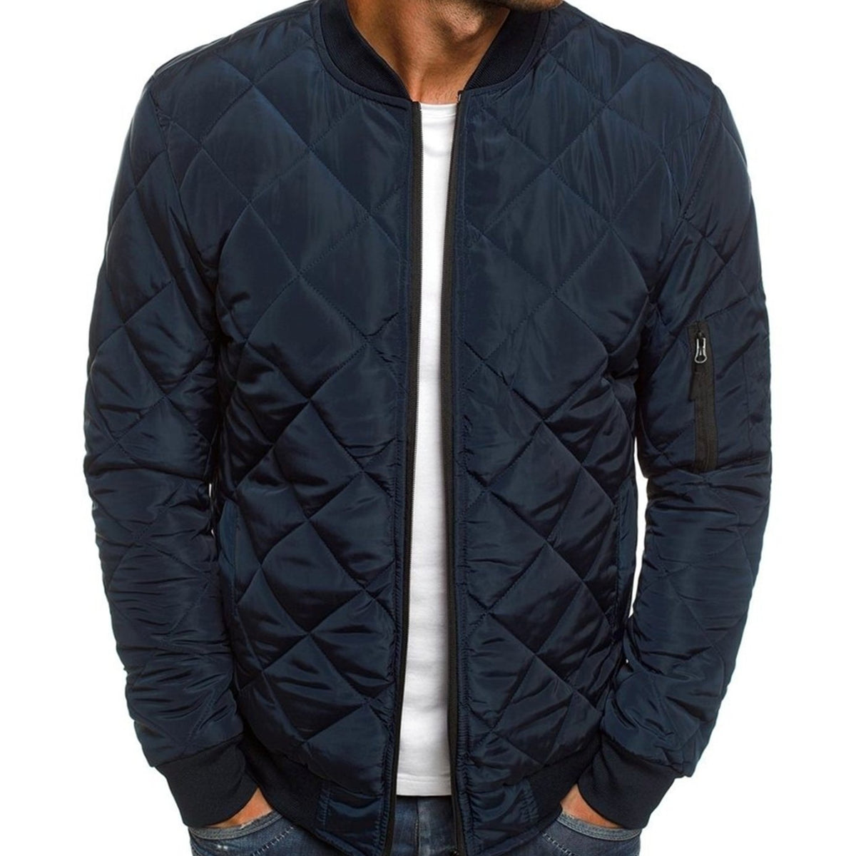 Men's Diamond-Quilted Zip-Front Bomber Jacket – Tibetan Blue