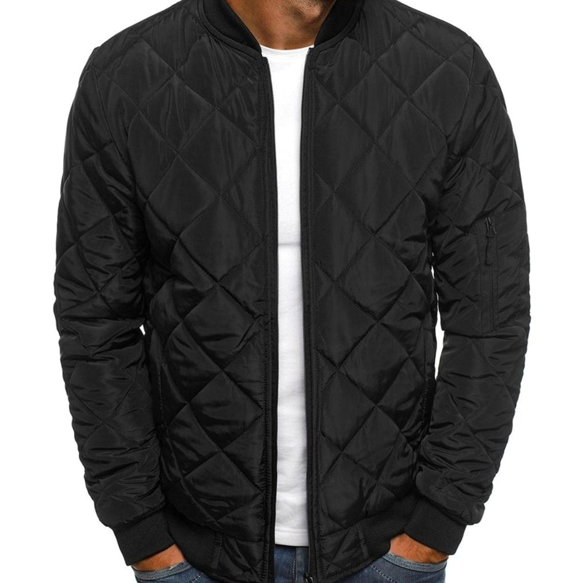 Men's Diamond-Quilted Zip-Front Bomber Jacket – Black