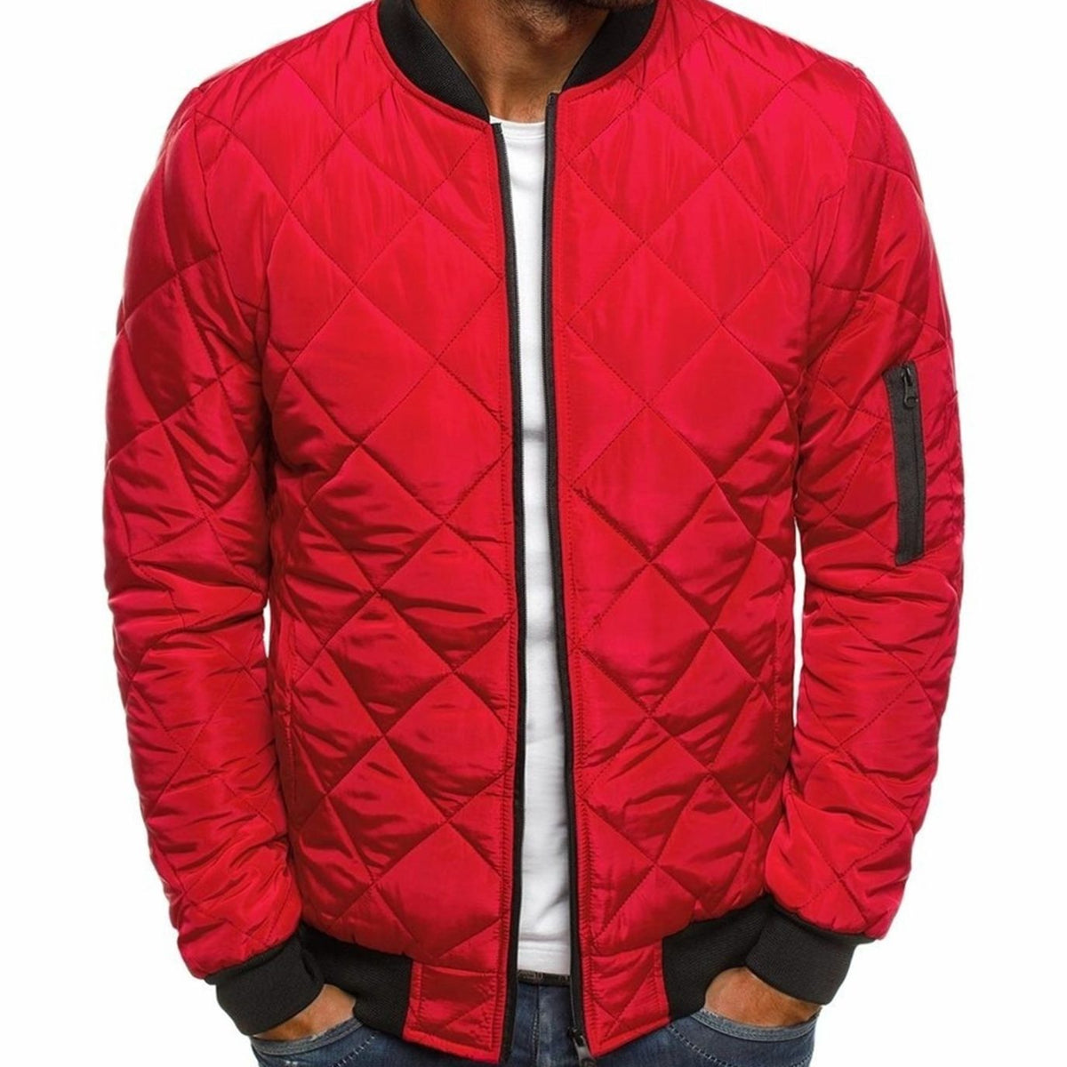 Men's Diamond-Quilted Zip-Front Bomber Jacket – Red