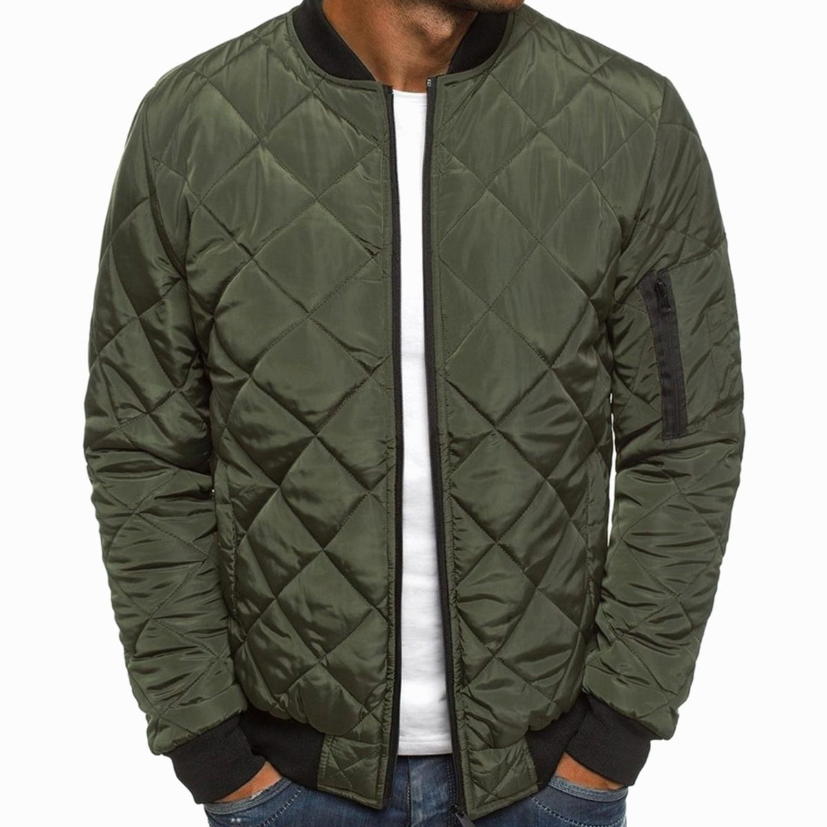 Men's Diamond-Quilted Zip-Front Bomber Jacket – Green