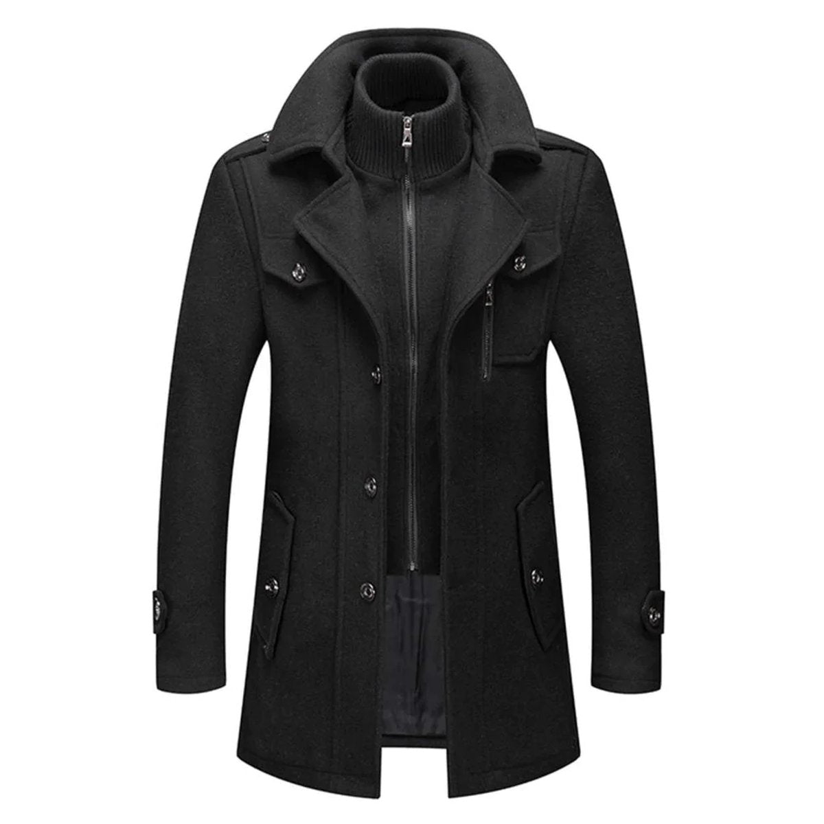 Men's Wool Blend Single-Breast Layered Overcoat – Black