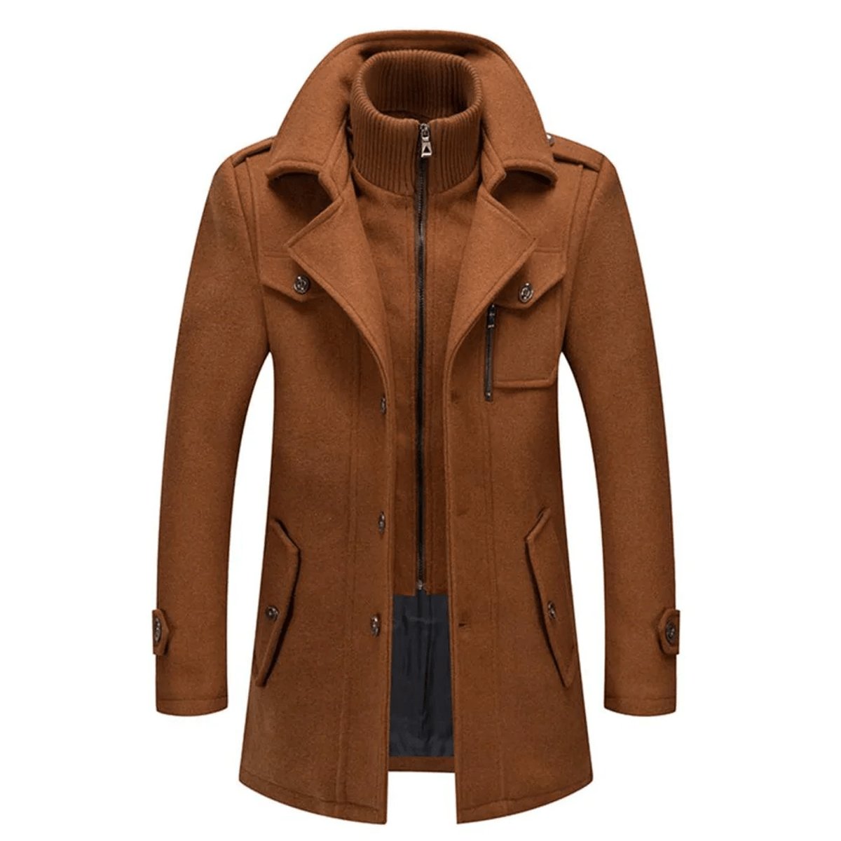 Men's Wool Blend Single-Breast Layered Overcoat – Brown