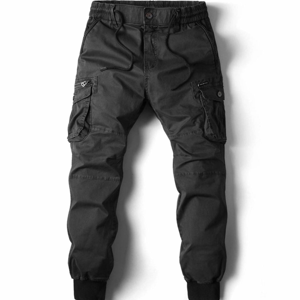 Men's Elasticated-Waist Slim-Tapered Cargo Jogger Pants – Black