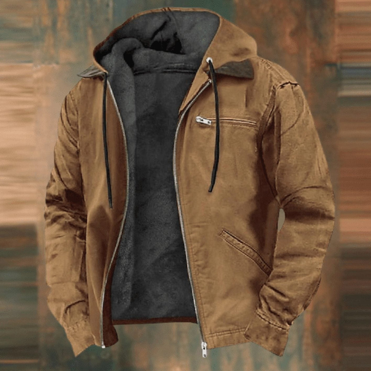 Men's Fleece-Backed Zip-Front Hood-Detail Jacket – Brown
