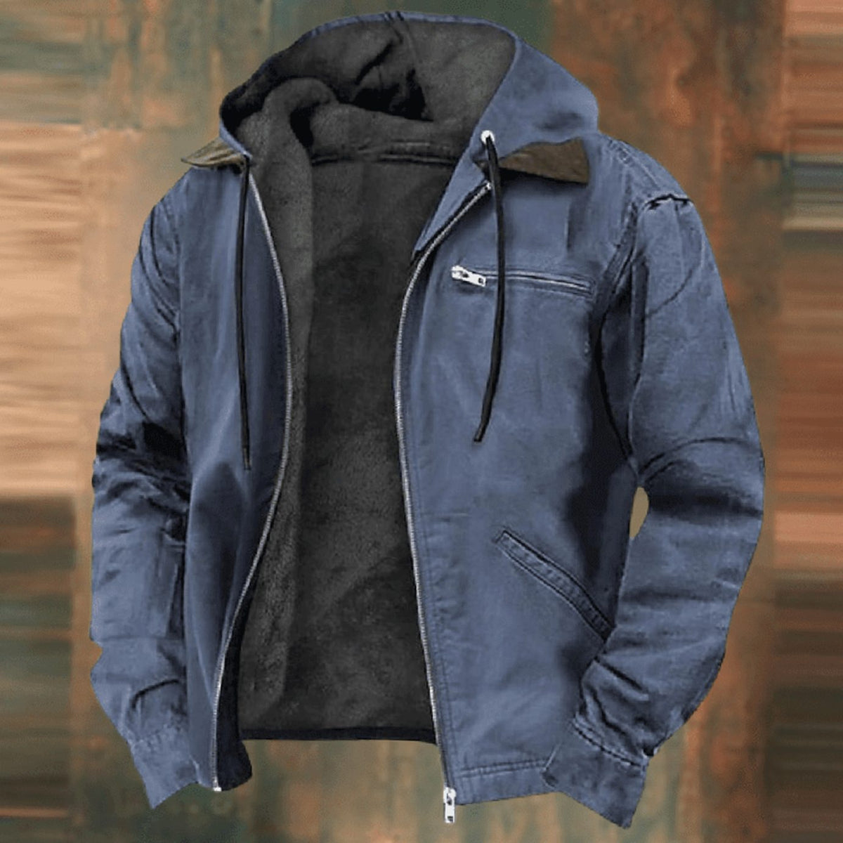 Men's Fleece-Backed Zip-Front Hood-Detail Jacket – Blue