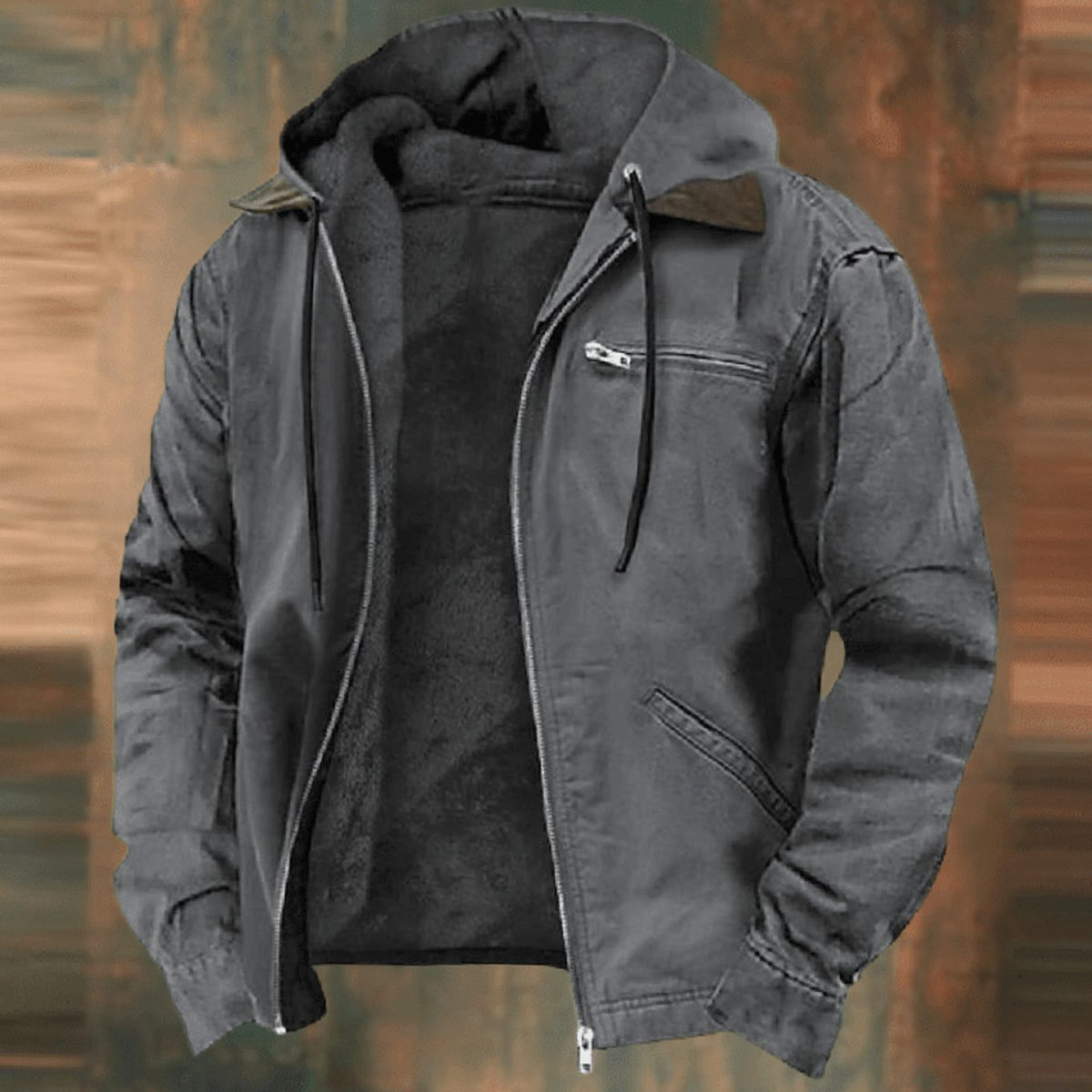 Men's Fleece-Backed Zip-Front Hood-Detail Jacket – Gray