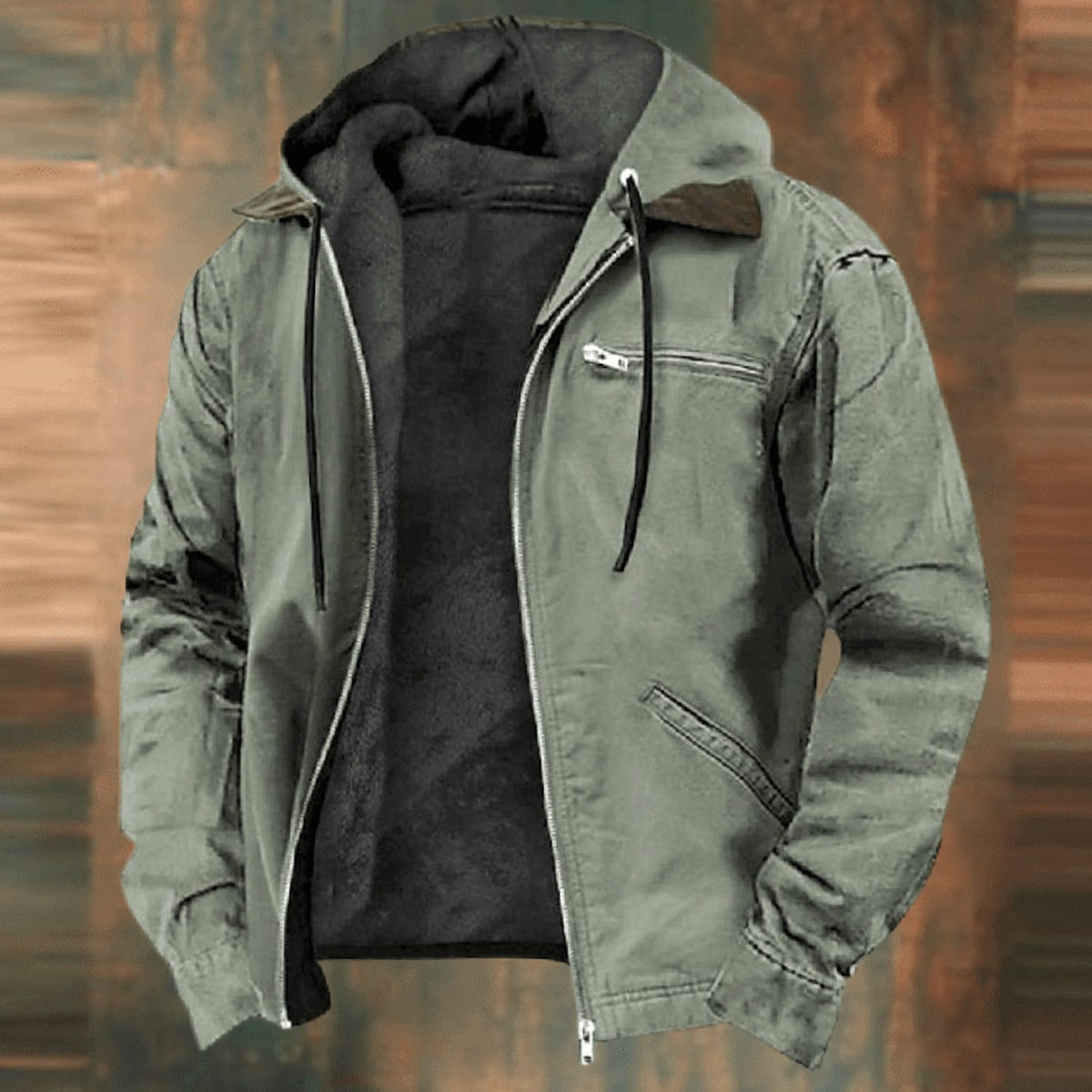 Men's Fleece-Backed Zip-Front Hood-Detail Jacket – Green