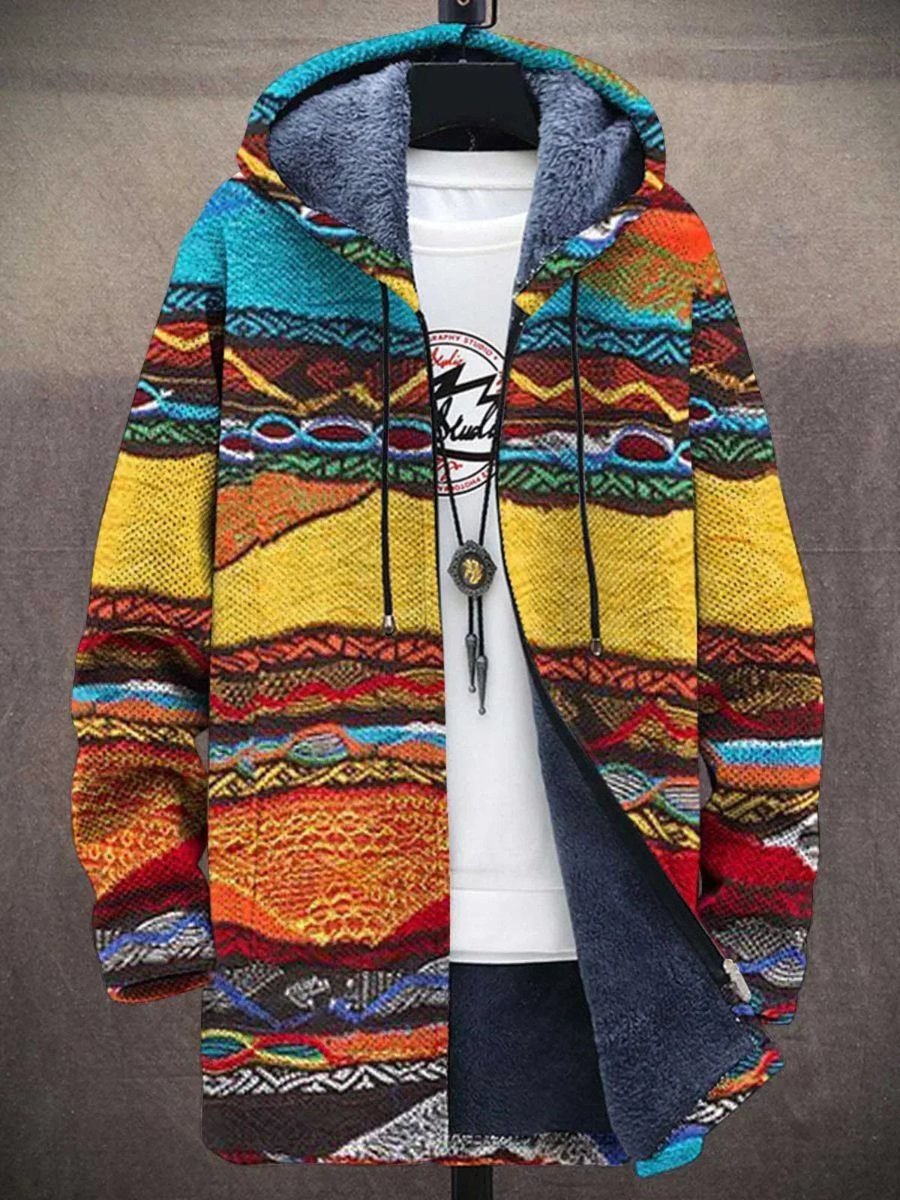 Men's Fleece-Backed Hood-Detail Knit Cardigan – Retro Multicolor