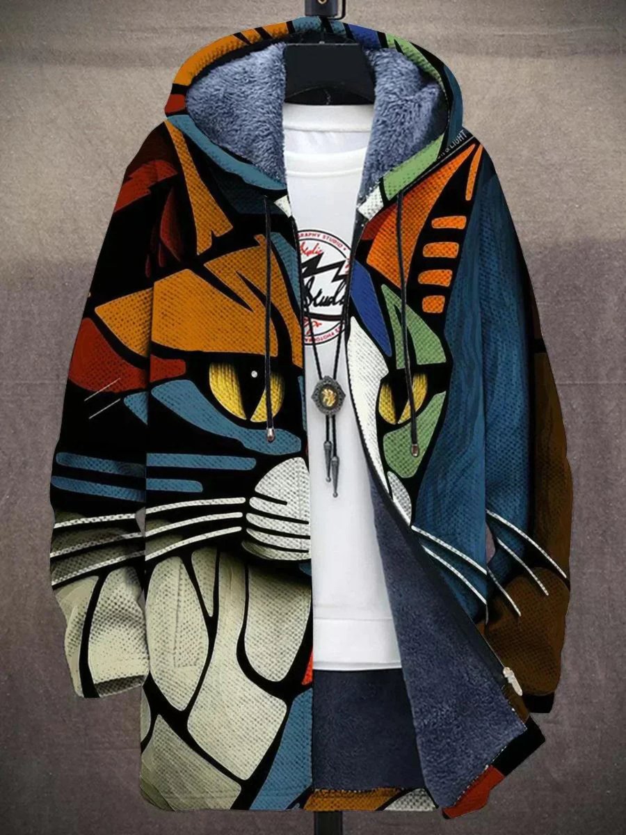 Men's Fleece-Backed Hood-Detail Knit Cardigan – Cat Print Multicolor