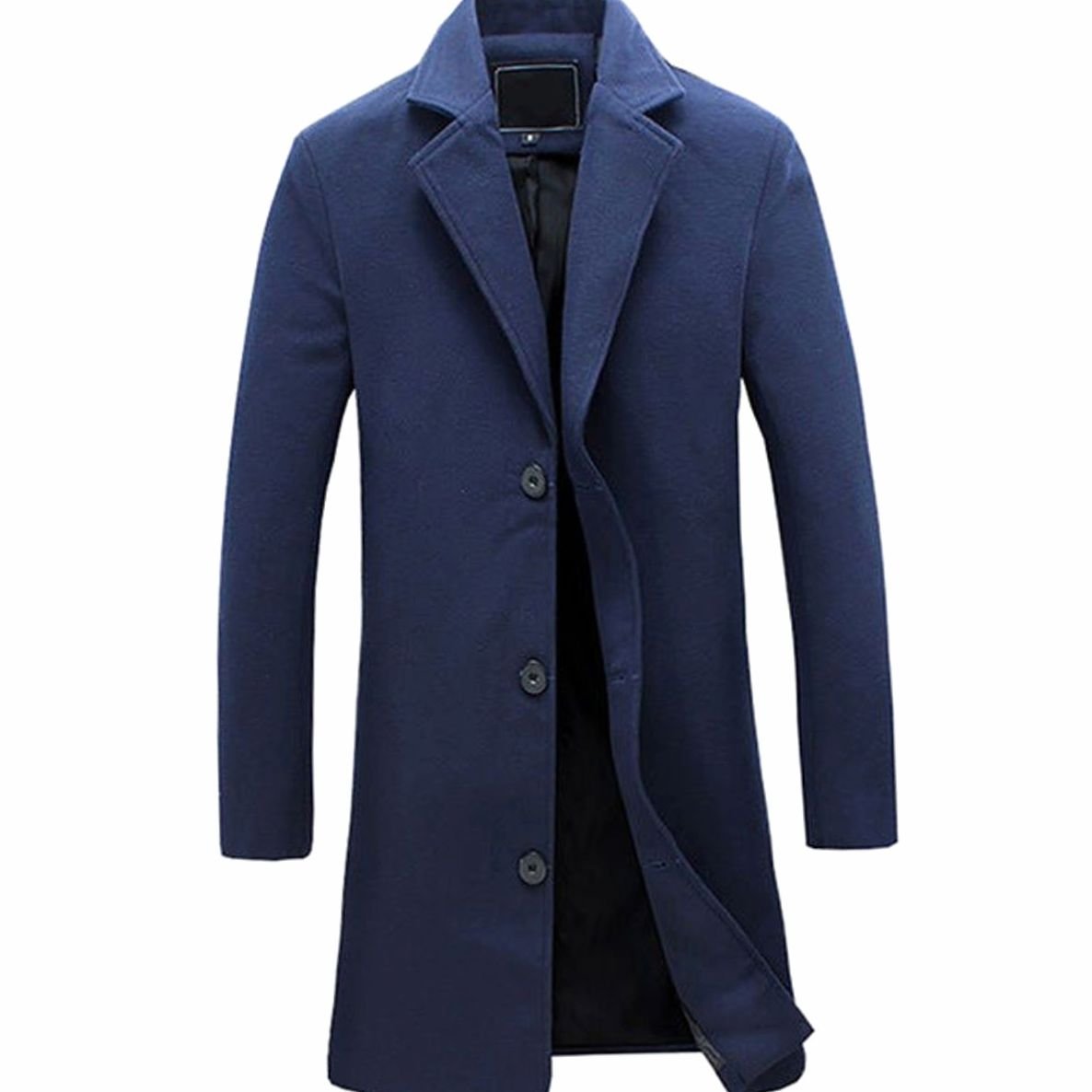 Men's Three-Button Single-Breast Long Overcoat – Navy Blue