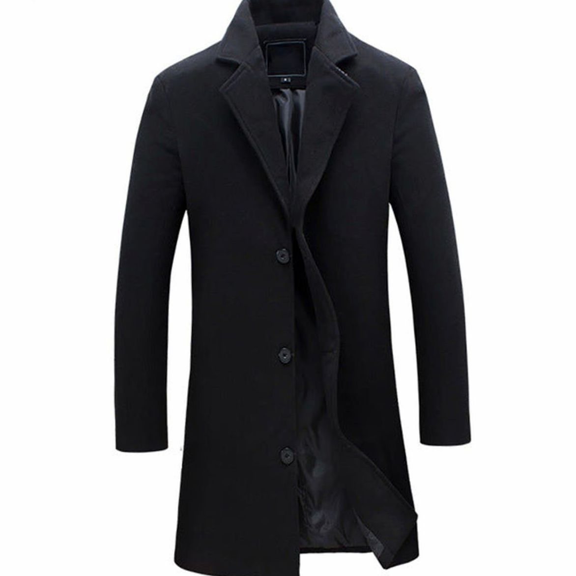 Men's Three-Button Single-Breast Long Overcoat – Black