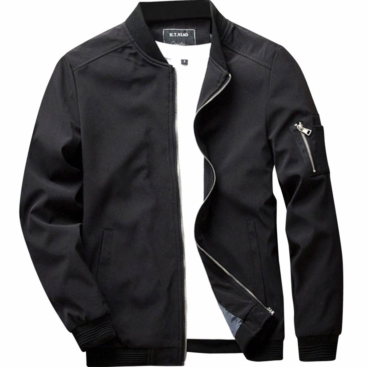 Men's Ribbed-Collar Light-Weight Bomber Jacket – Black