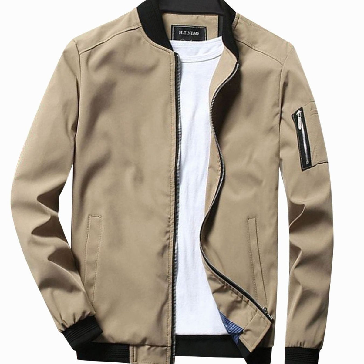 Men's Ribbed-Collar Light-Weight Bomber Jacket – Khaki