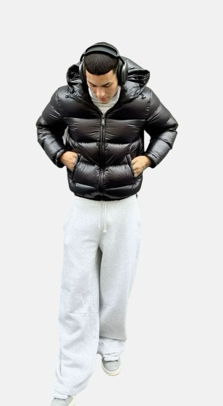 Men's Glossy Padded Hood-Detail Puffer Jacket – Black
