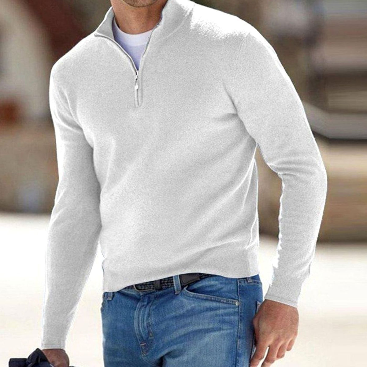 Men's Slim-Cut Half-Zip Stand Collar Knit Pullover – White