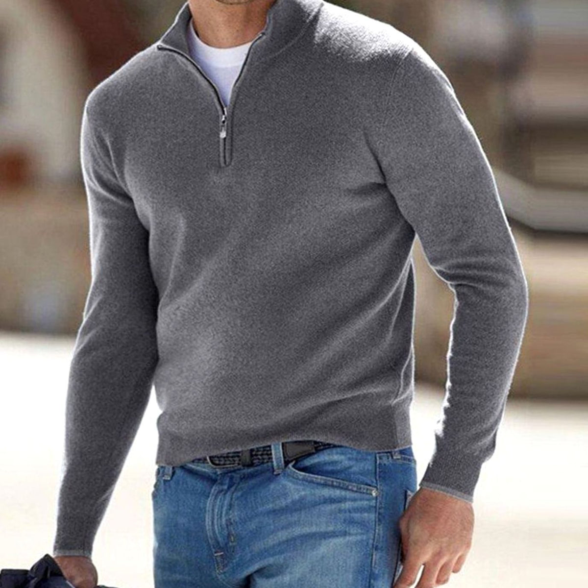 Men's Slim-Cut Half-Zip Stand Collar Knit Pullover – Gray