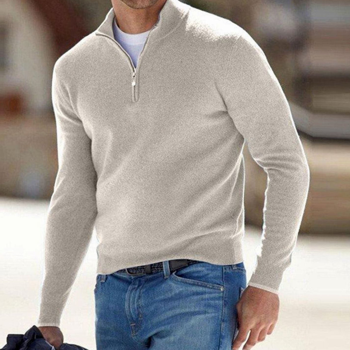 Men's Slim-Cut Half-Zip Stand Collar Knit Pullover – Beige
