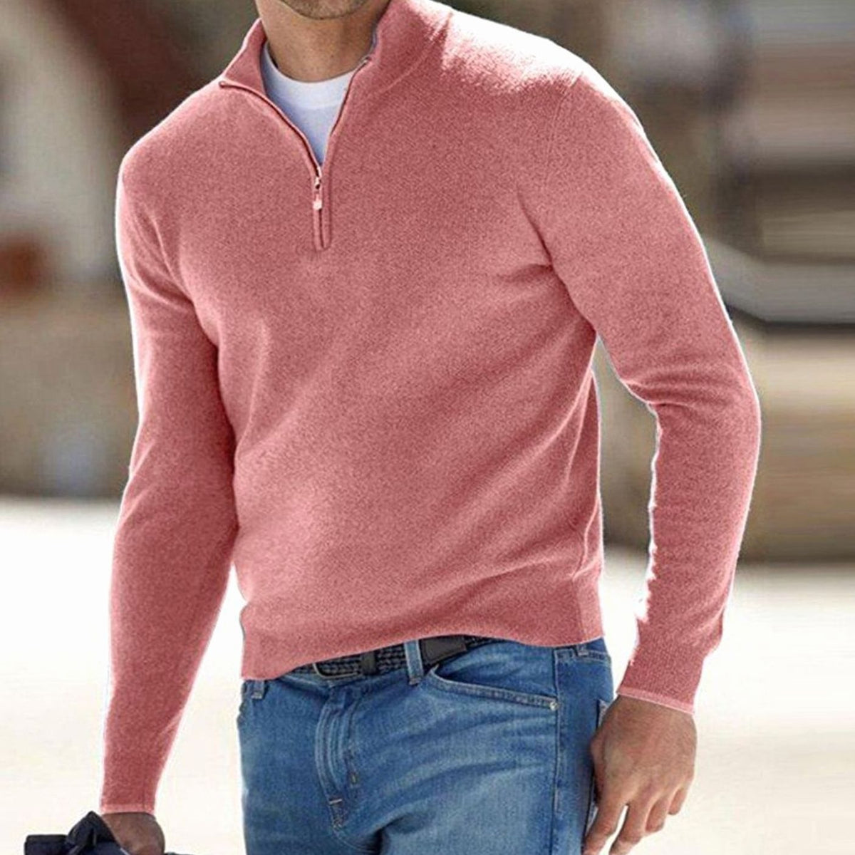 Men's Slim-Cut Half-Zip Stand Collar Knit Pullover – Pink