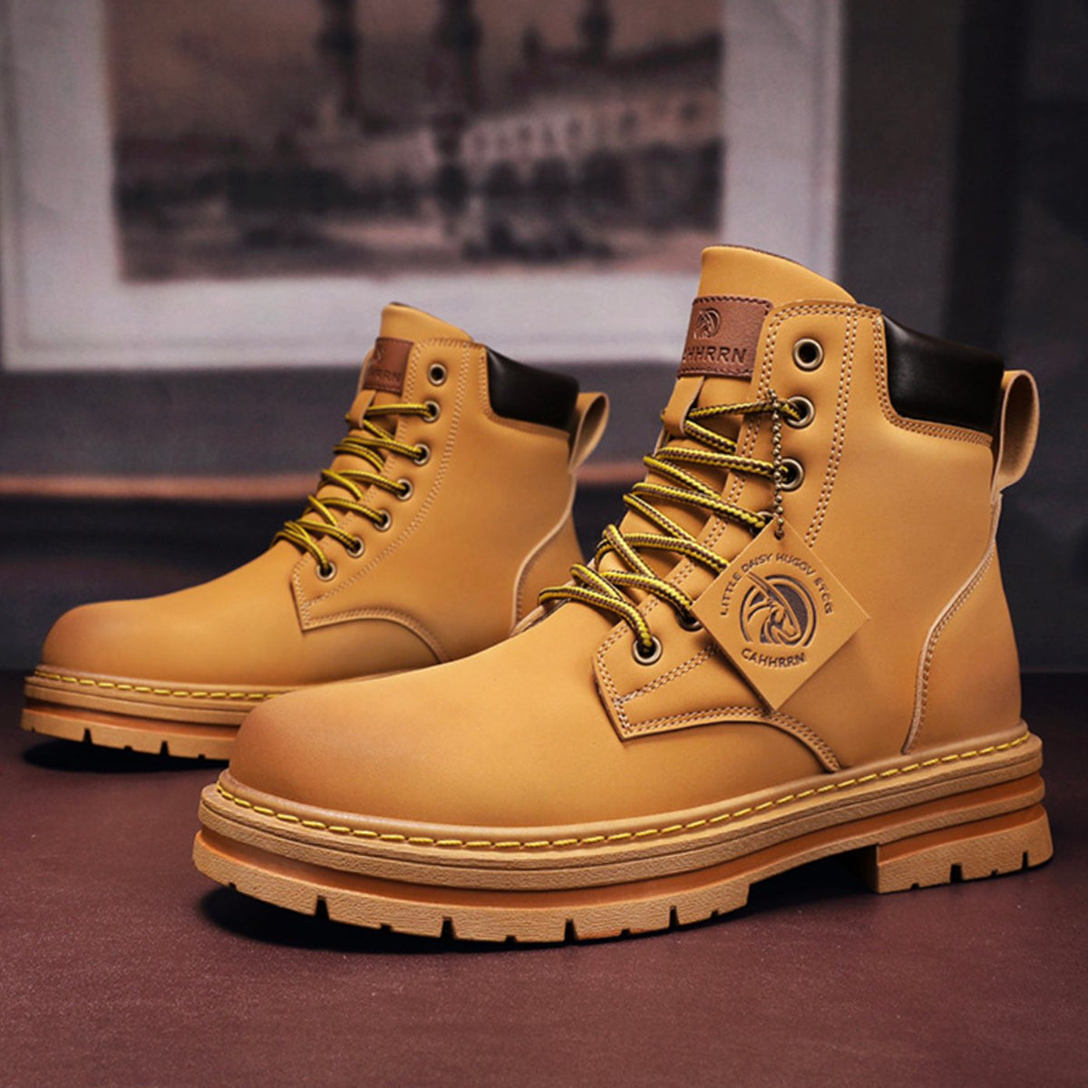 Men's Heavy-Duty Laced Ankle Boots with Lugged Sole – Tan