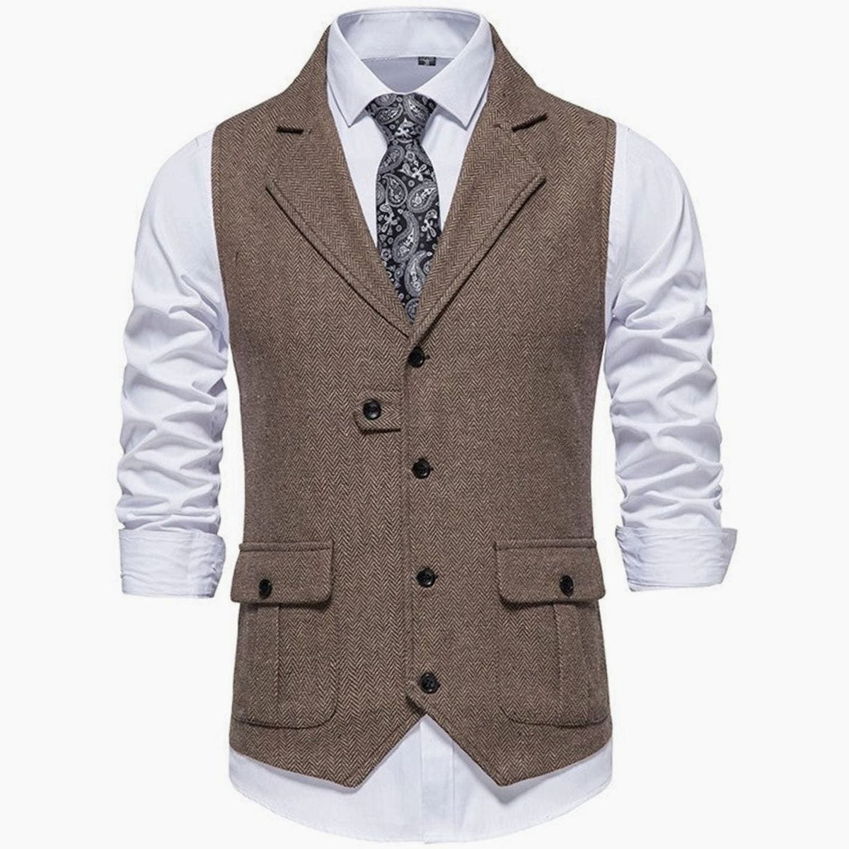 Men's Herringbone Notch Lapel Button-Front Vest for Work – Brown