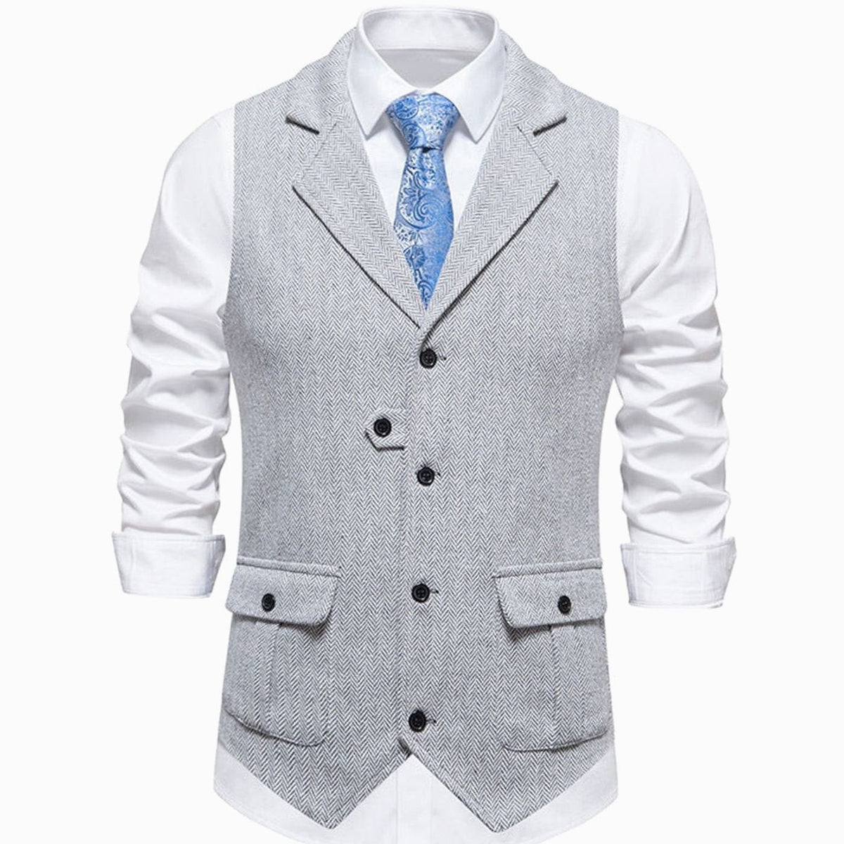 Men's Herringbone Notch Lapel Button-Front Vest for Work – Gray