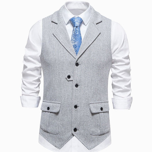 Men's Herringbone Notch Lapel Button-Front Vest for Work – Gray