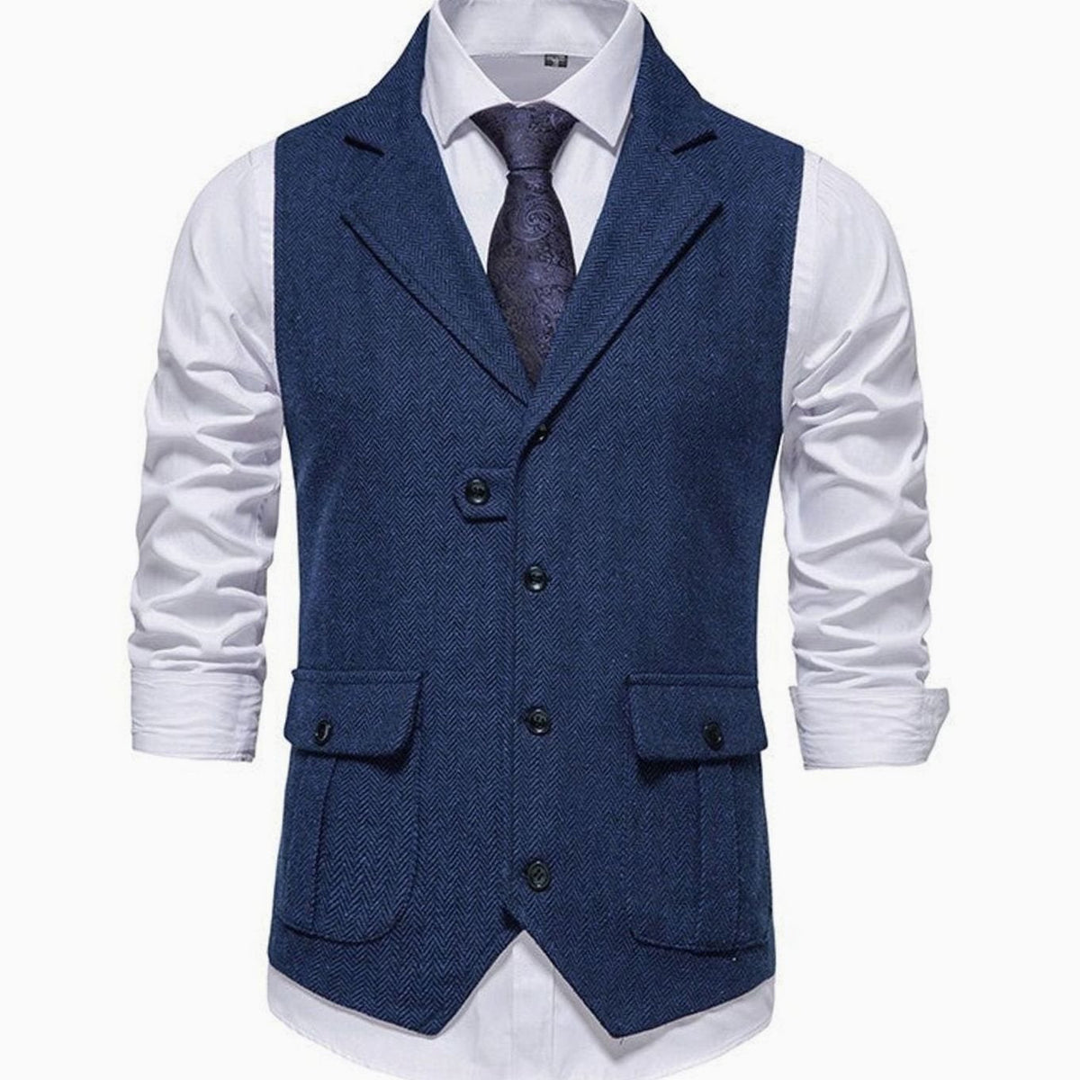 Men's Herringbone Notch Lapel Button-Front Vest for Work – Blue