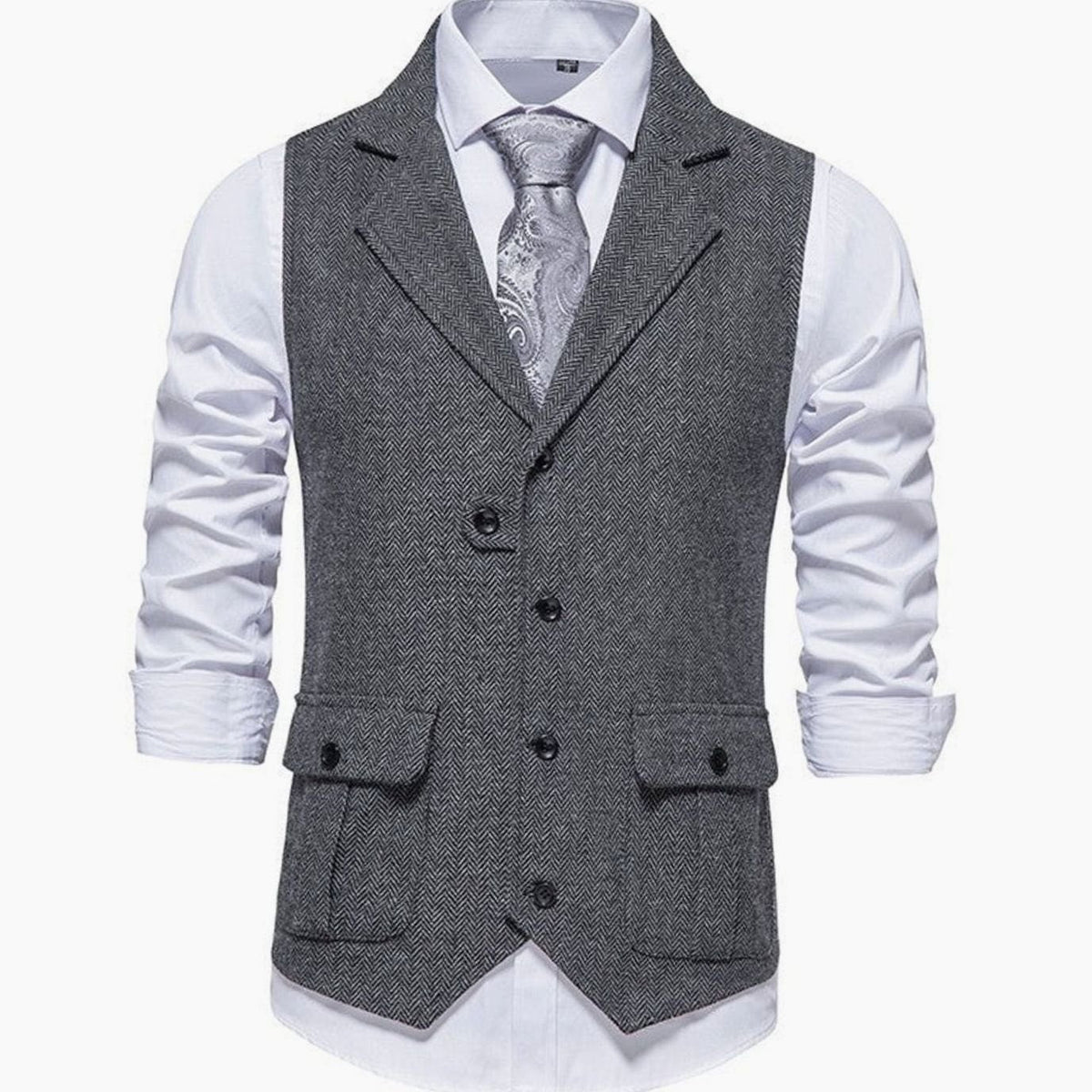 Men's Herringbone Notch Lapel Button-Front Vest for Work – Dark Gray