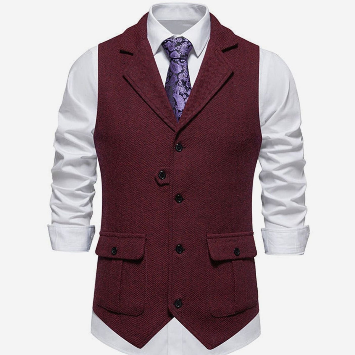 Men's Herringbone Notch Lapel Button-Front Vest for Work – Red