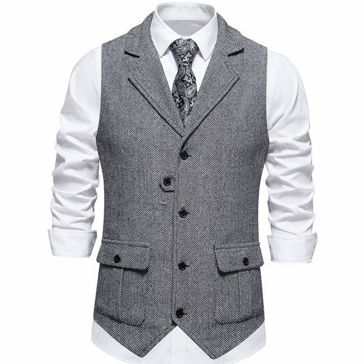 Men's Herringbone Notch Lapel Button-Front Vest for Work – Light Gray