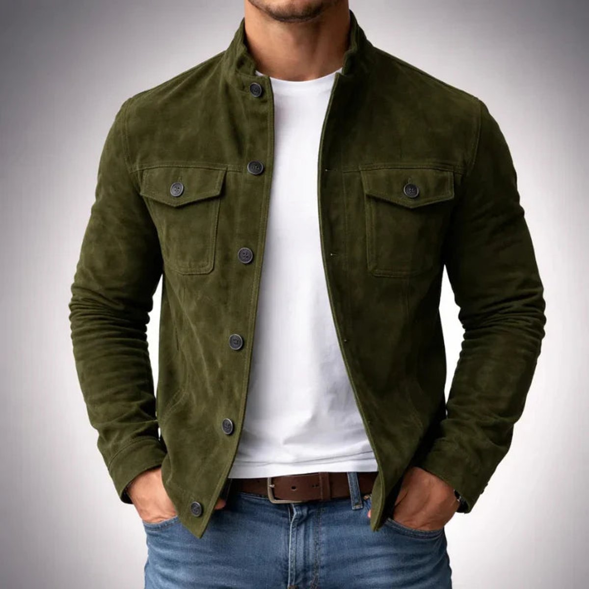 Men's Italian Suede-Finish Button-Front Stand-Collar Jacket – Green