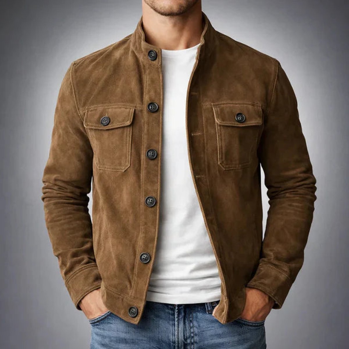 Men's Italian Suede-Finish Button-Front Stand-Collar Jacket – Brown