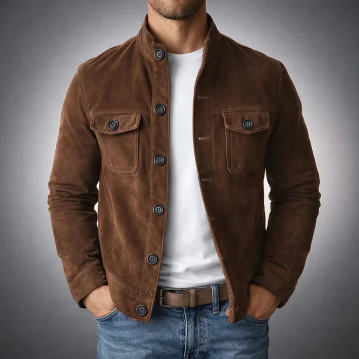 Men's Italian Suede-Finish Button-Front Stand-Collar Jacket – Dark Brown