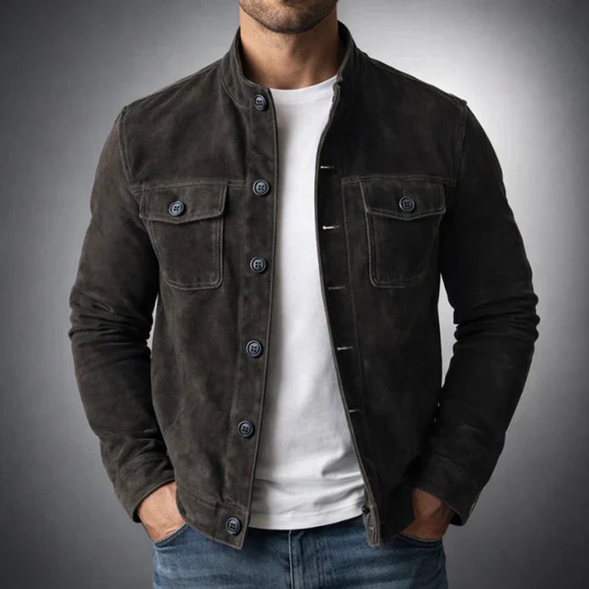 Men's Italian Suede-Finish Button-Front Stand-Collar Jacket – Black