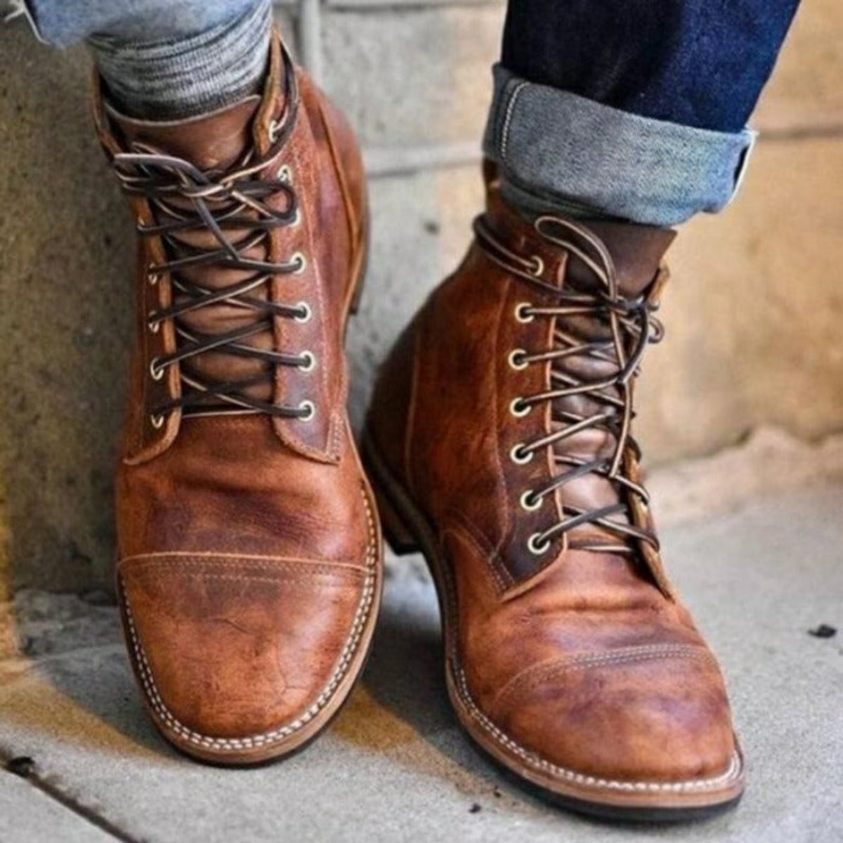 Men's Cap-Toe Leather-Look Ankle Boots – Brown