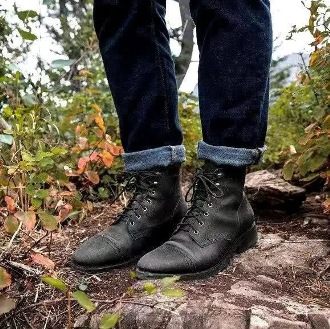 Men's Cap-Toe Leather-Look Ankle Boots – Black