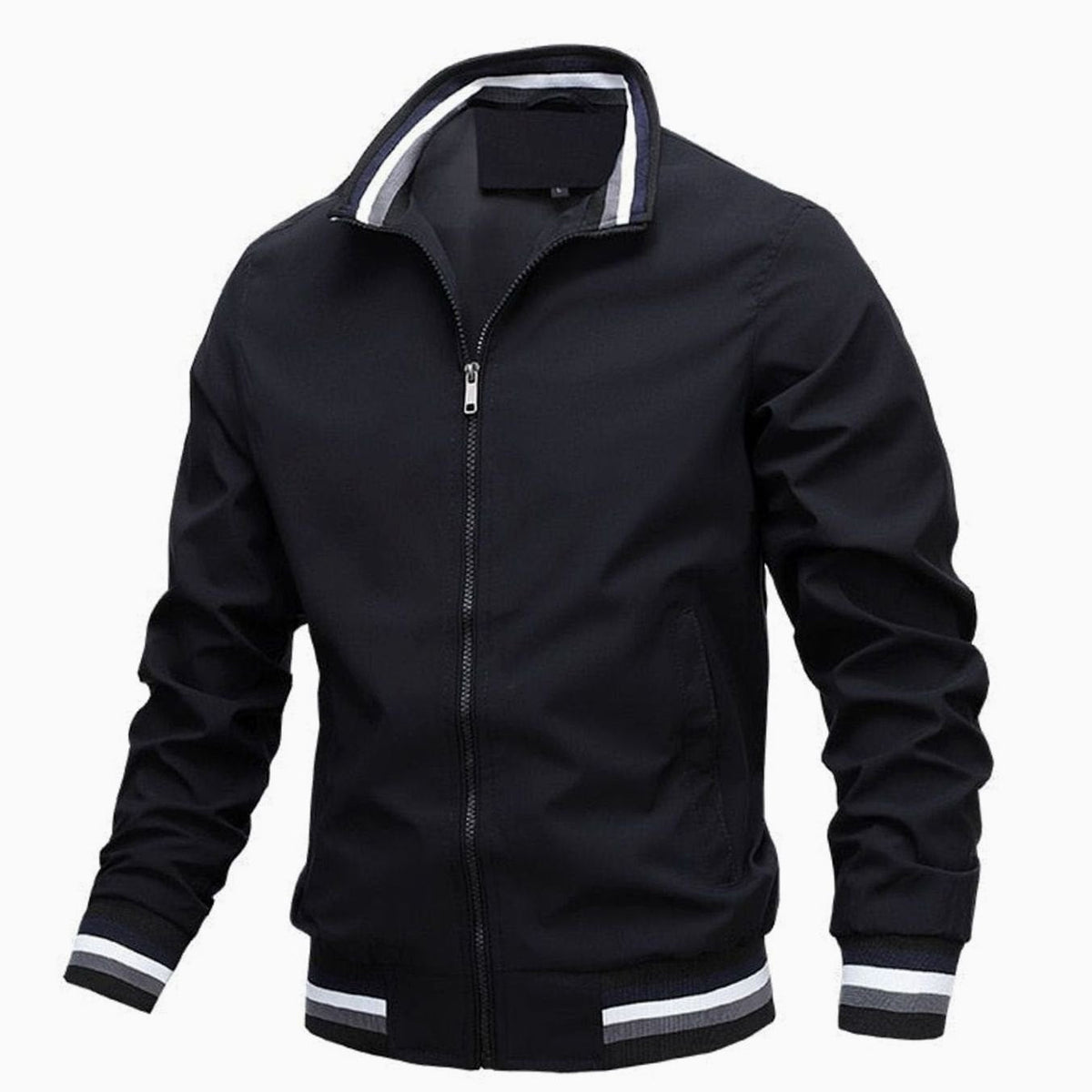Men's Stand-Collar Rib-Knit Bomber Jacket – Black