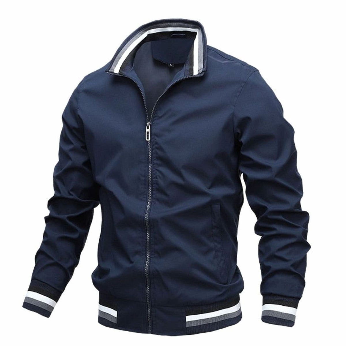Men's Stand-Collar Rib-Knit Bomber Jacket – Dark Blue