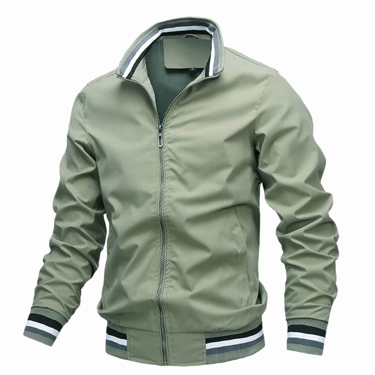 Men's Stand-Collar Rib-Knit Bomber Jacket – Green
