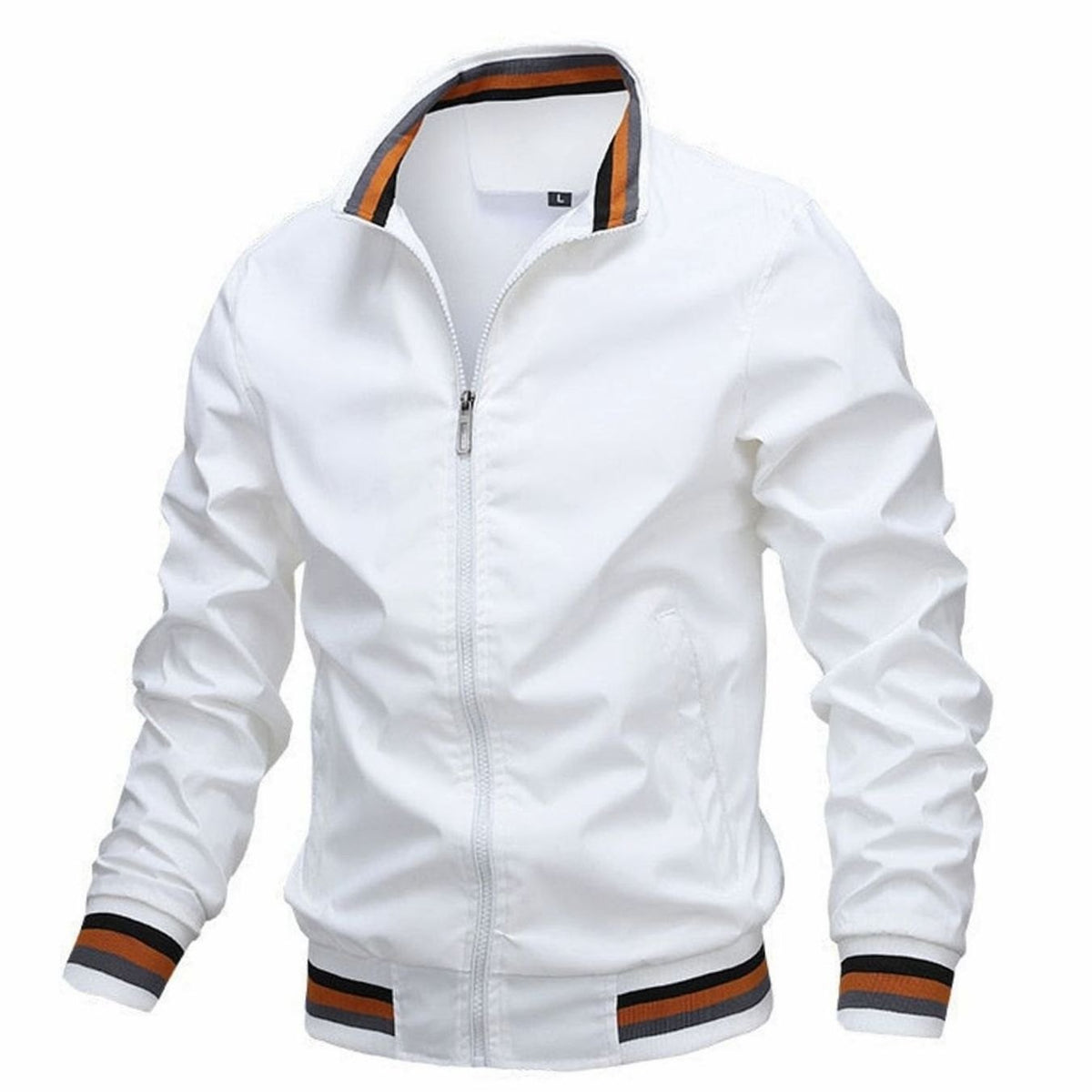 Men's Stand-Collar Rib-Knit Bomber Jacket – White
