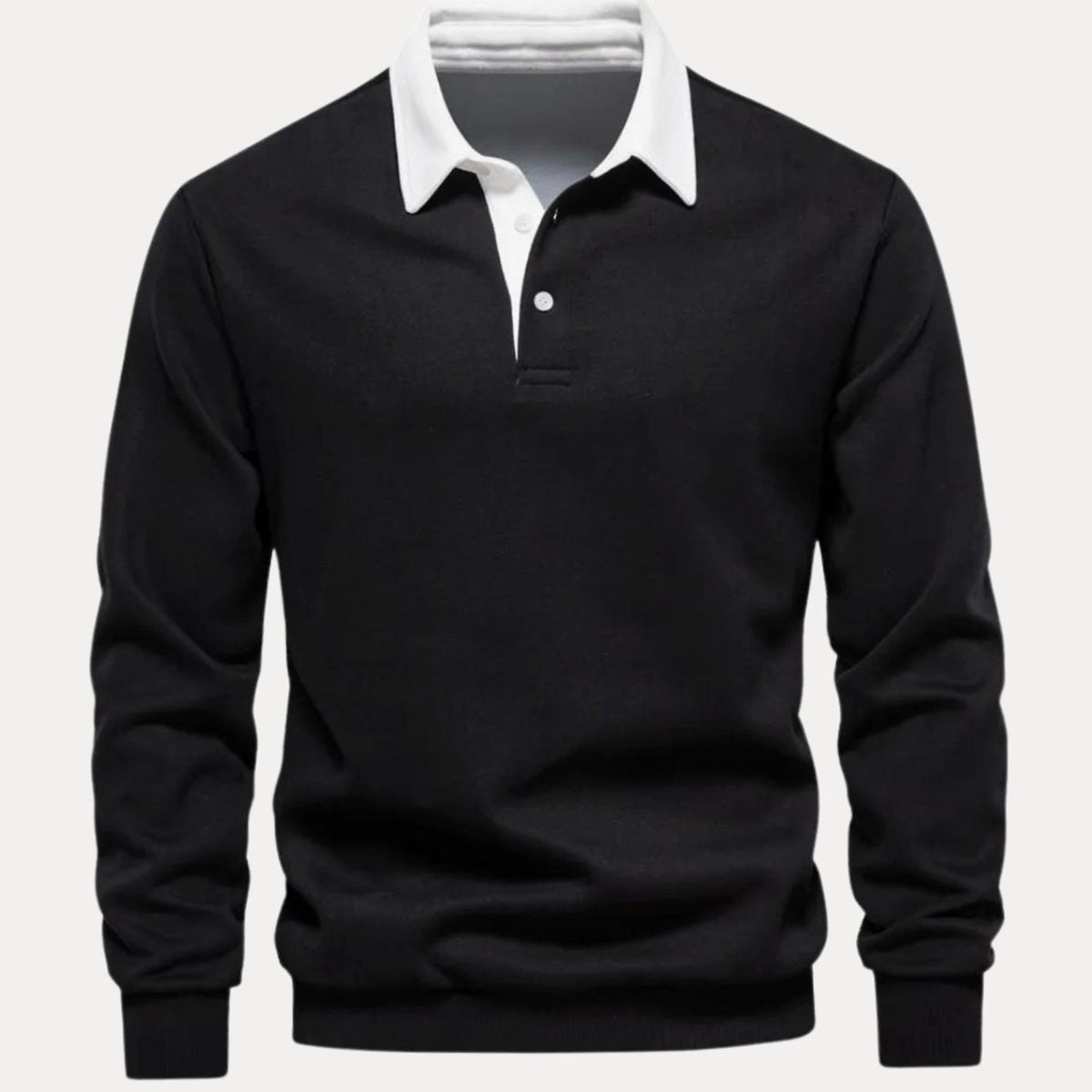 Men's Two-Button Contrast Collar Polo Knit Pullover for Work – Black