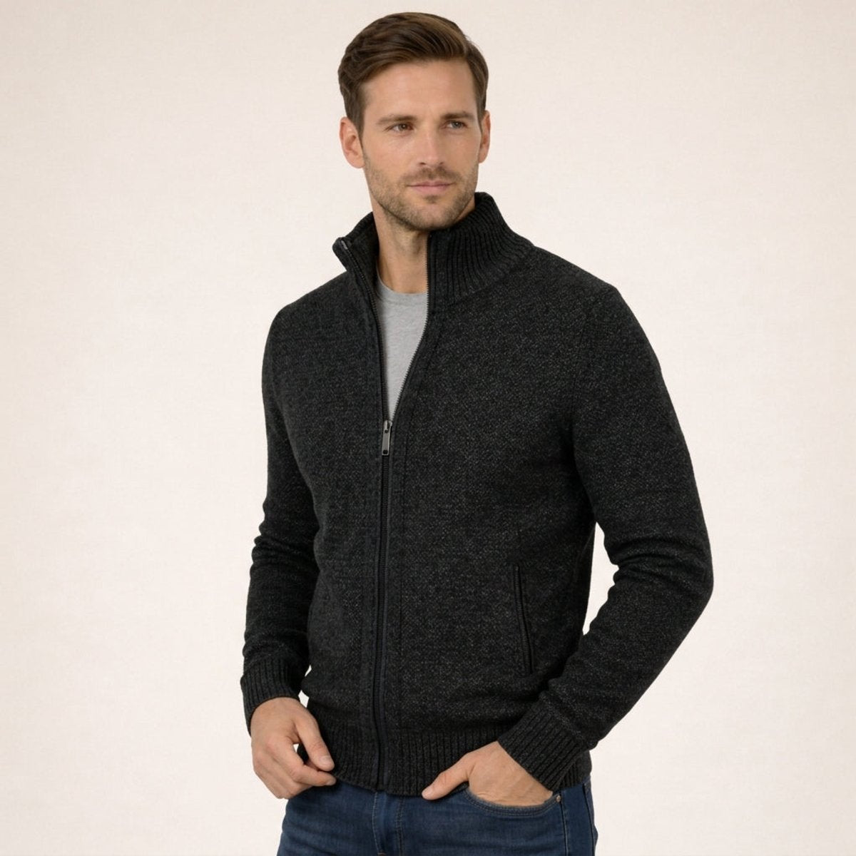 Men's Merino Wool Zip-Front Pullover – Black