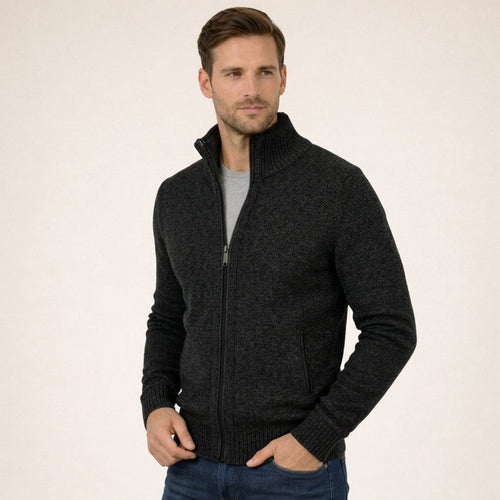 Men's Merino Wool Zip-Front Pullover – Black
