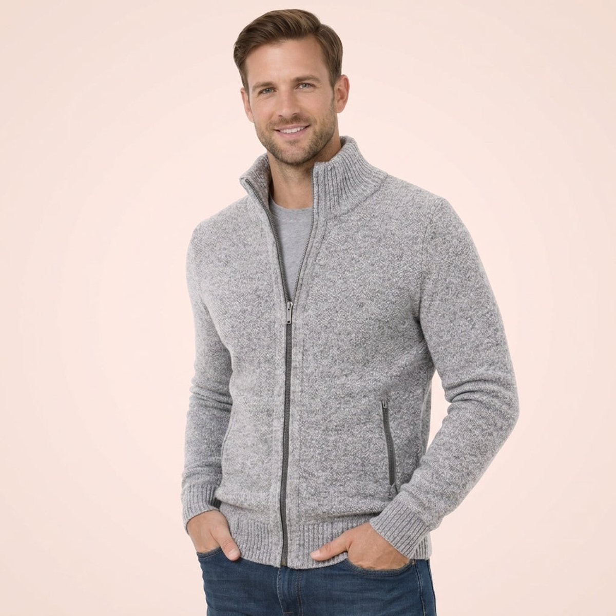 Men's Merino Wool Zip-Front Pullover – Gray