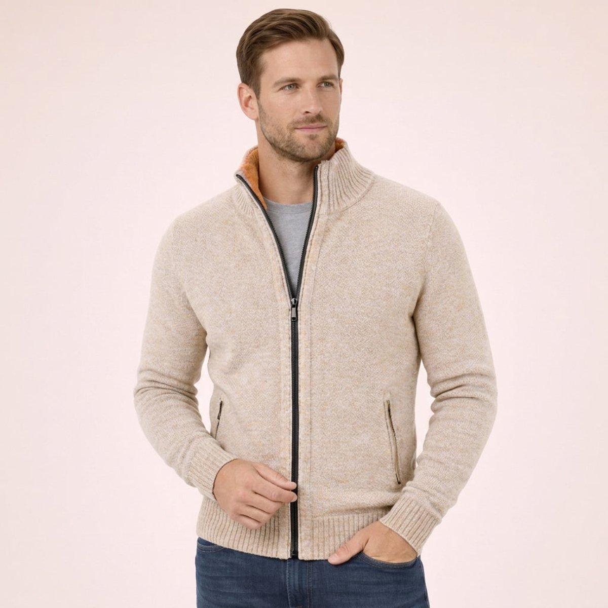 Men's Merino Wool Zip-Front Pullover – Cream