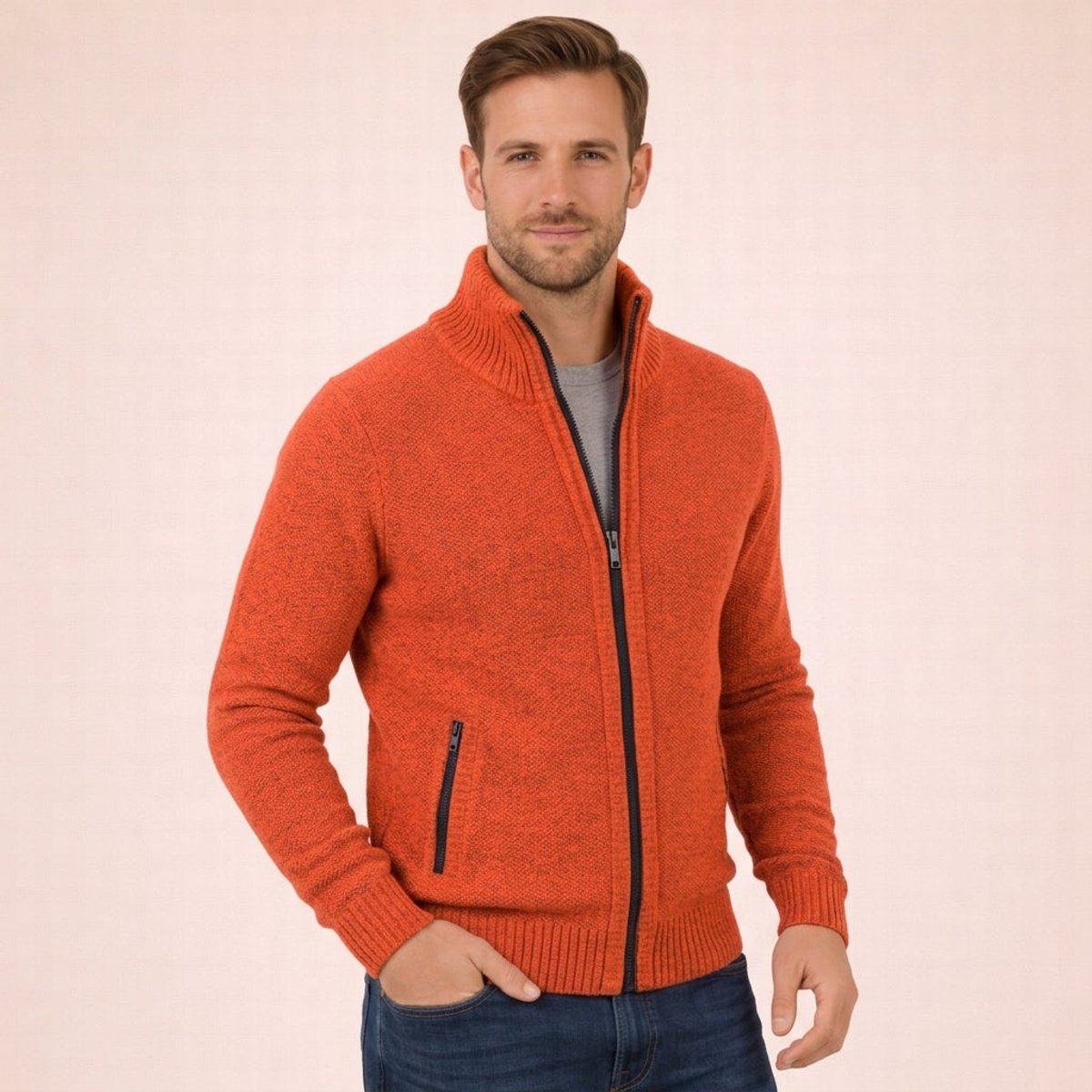 Men's Merino Wool Zip-Front Pullover – Orange