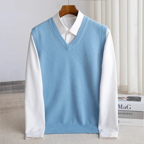 Men's Merino Wool V-Neckline Sweater Vest Knit with Layering – Blue