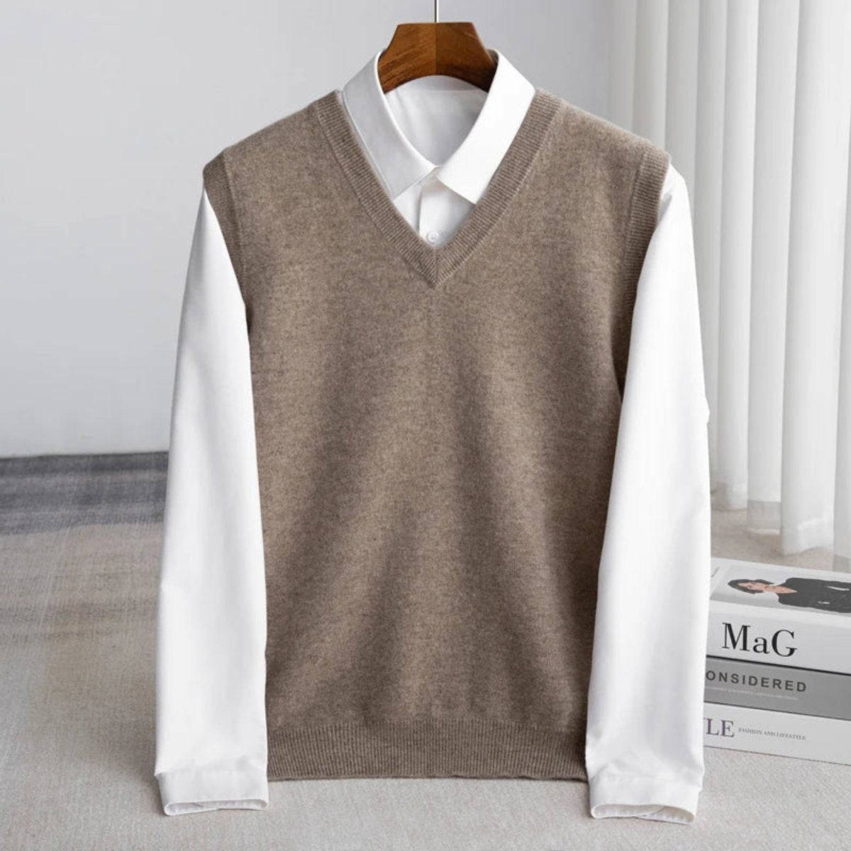 Men's Merino Wool V-Neckline Sweater Vest Knit with Layering – Camel
