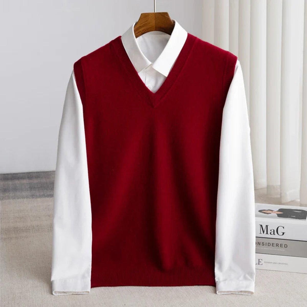 Men's Merino Wool V-Neckline Sweater Vest Knit with Layering – Burgundy