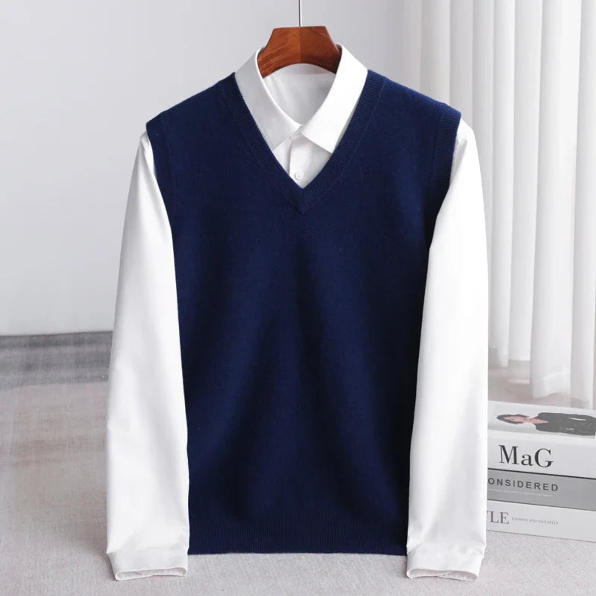 Men's Merino Wool V-Neckline Sweater Vest Knit with Layering – Navy Blue